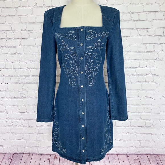 AVEC LES FILLES Western Embroidered Snap Front Long Sleeve Denim Mini Dress --6